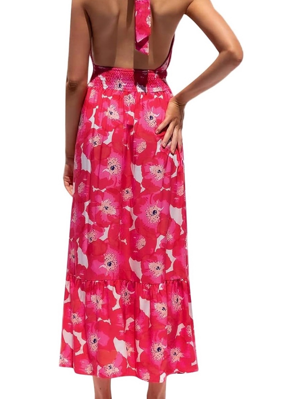 Pink Floral Halter Maxi Dress, Size XL - Picture 2 of 4
